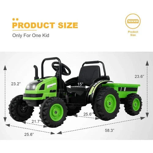 Green ride-on toy tractor with trailer for kids, product dimensions shown on white background