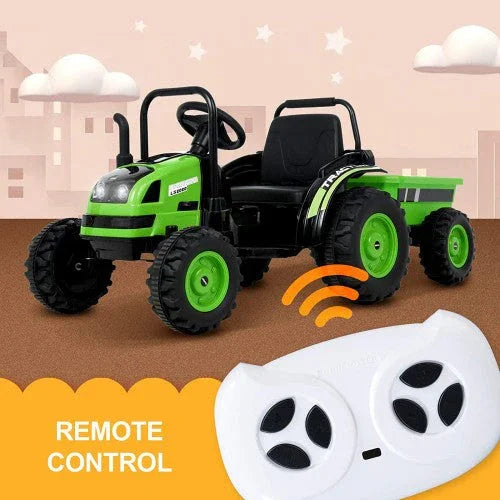 Green remote control toy tractor with trailer and white controller, kids outdoor vehicle