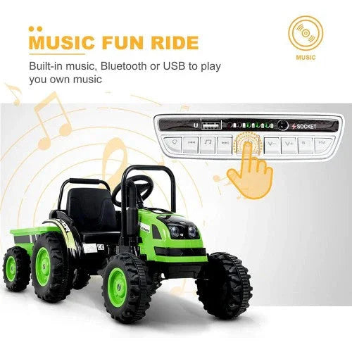 Green ride-on toy tractor with built-in music player, Bluetooth, and USB options for kids