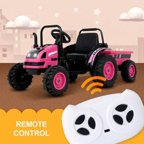 Pink toy tractor with trailer and remote control for kids, shown on illustrated city background