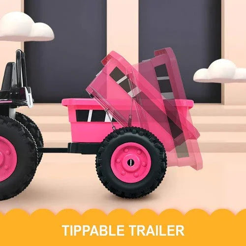 Pink toy tractor with tippable trailer, large wheels, and cartoon clouds background