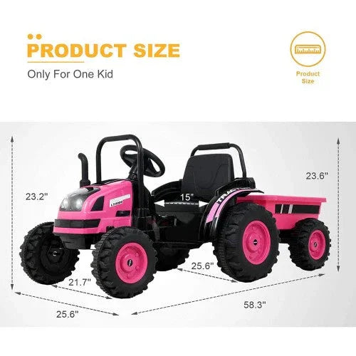 Pink ride-on toy tractor with trailer, size dimensions for one child, on white background