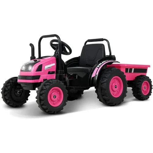 Pink toy ride-on tractor with black wheels and trailer attachment for kids