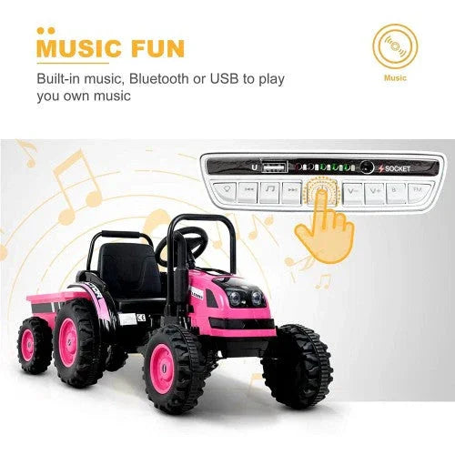 Pink toy ride-on tractor with music control panel, Bluetooth, and USB music features