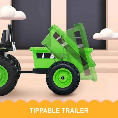 Green toy tractor with large wheels and tippable trailer for kids, indoor setting, clouds decor