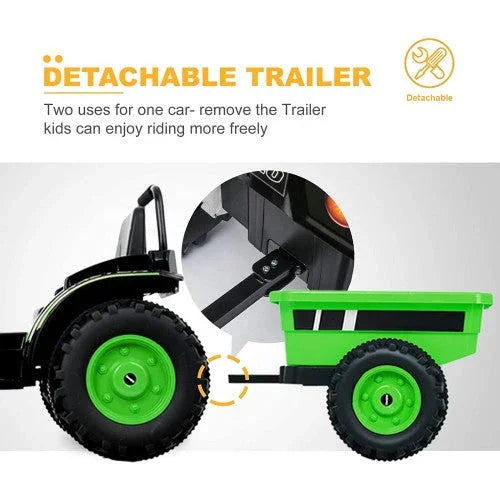 Kids' green toy tractor with detachable trailer, large wheels and connection close-up