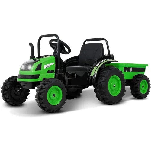 Green kids ride-on tractor toy with black wheels and detachable trailer