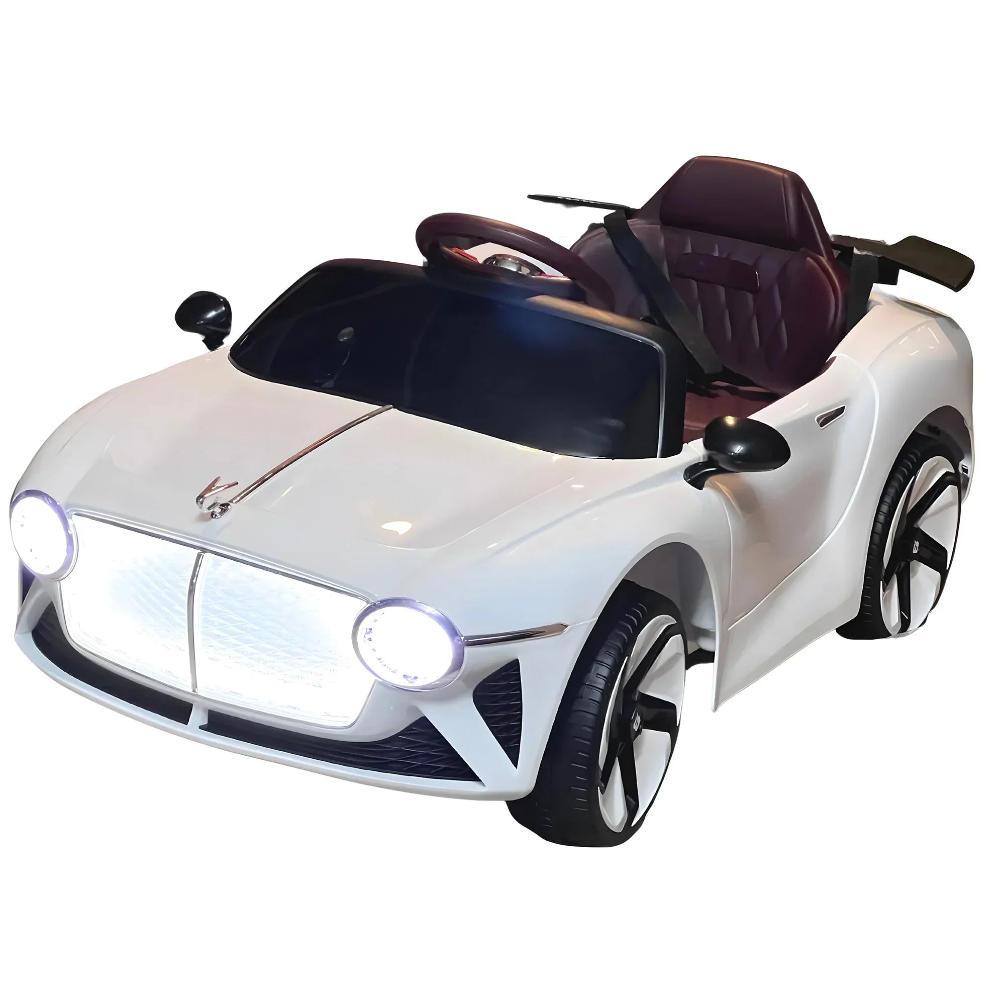 White kids electric ride on car with LED headlights and black seat on white background