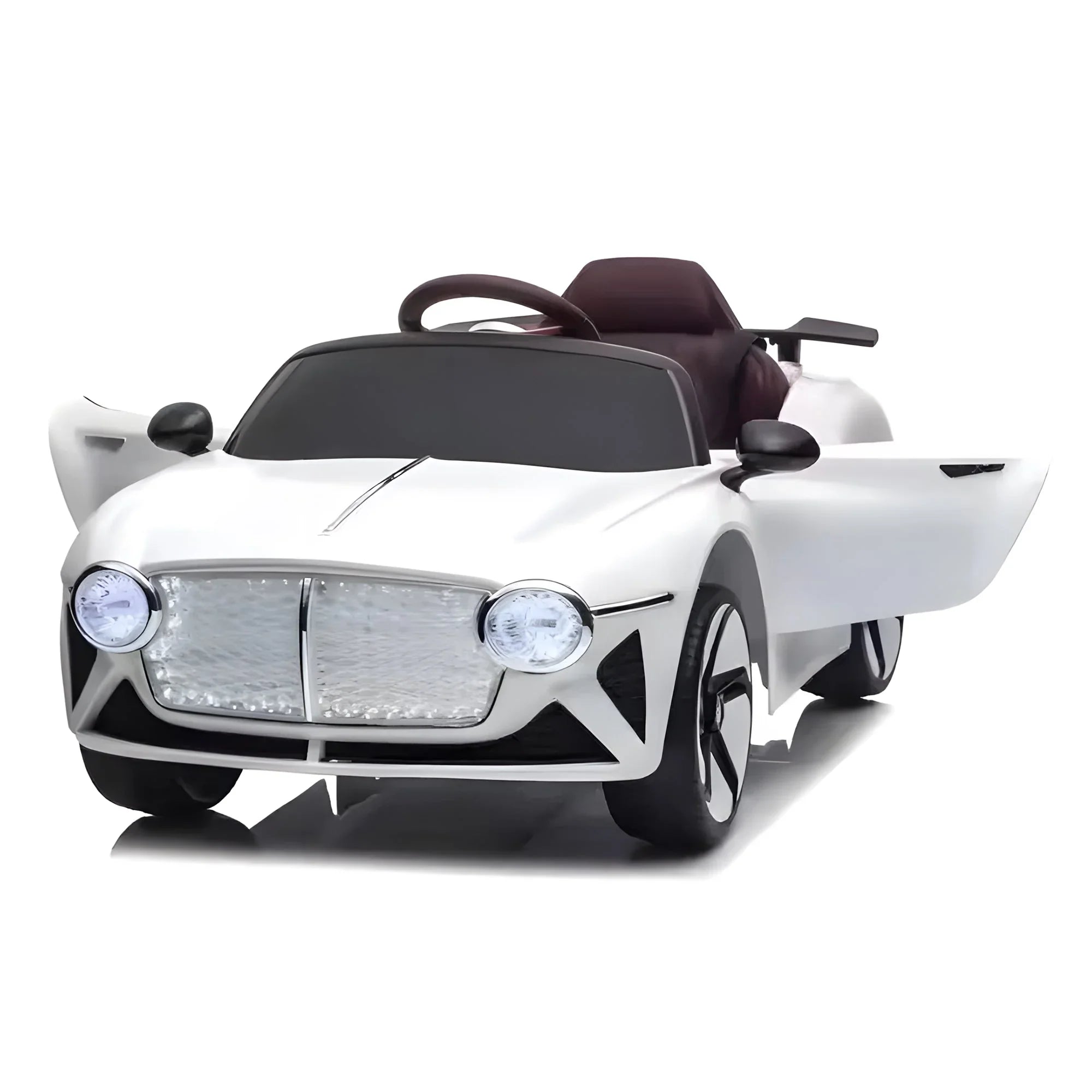 White kids electric ride-on car with open doors, LED headlights, black seat, modern design