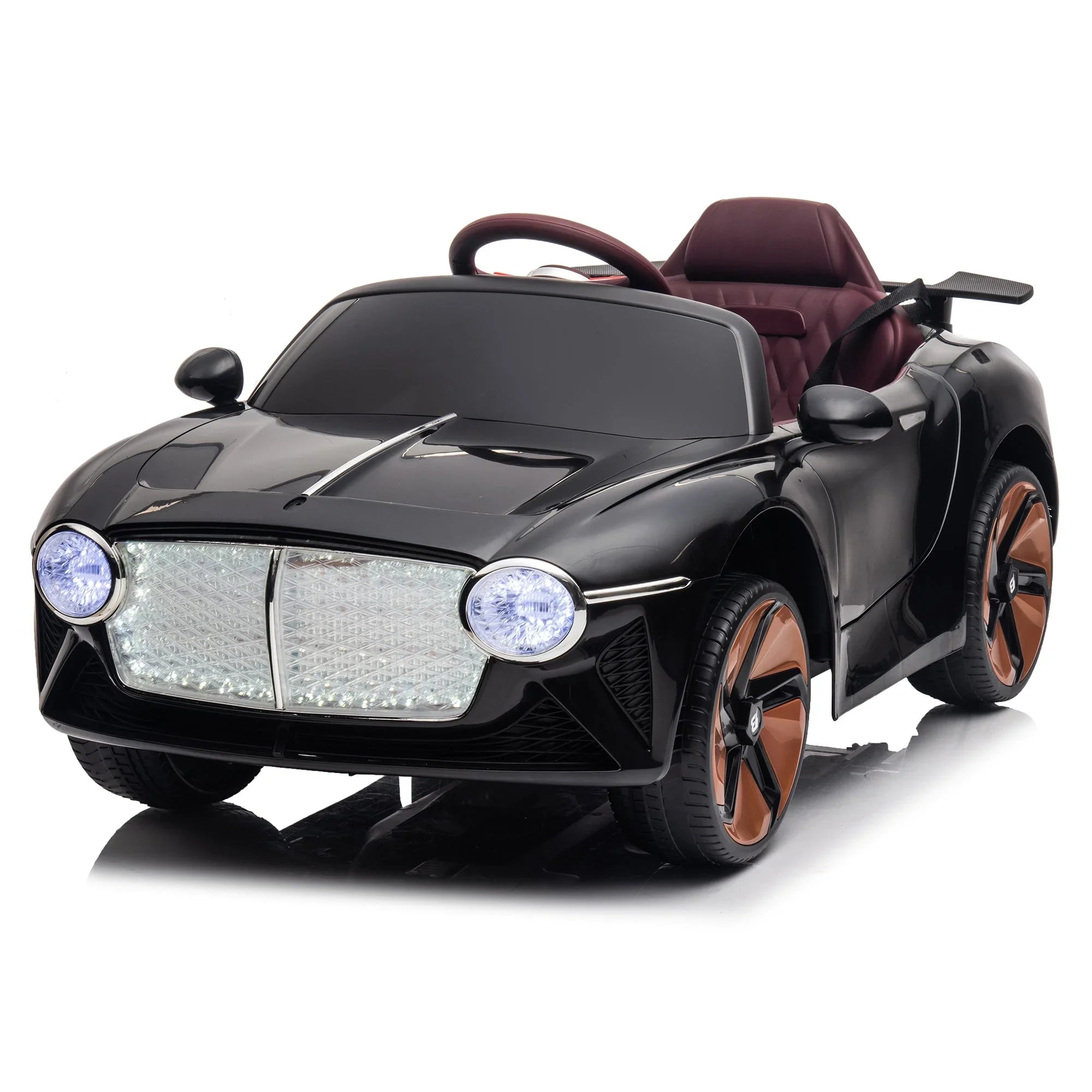 Black kids electric ride-on car with LED headlights, luxury design, and bronze wheels