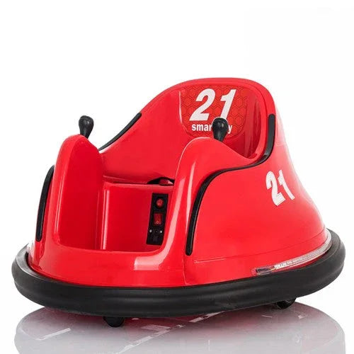 Red kids bumper car with number 21, joystick controls, and rubber bumper base