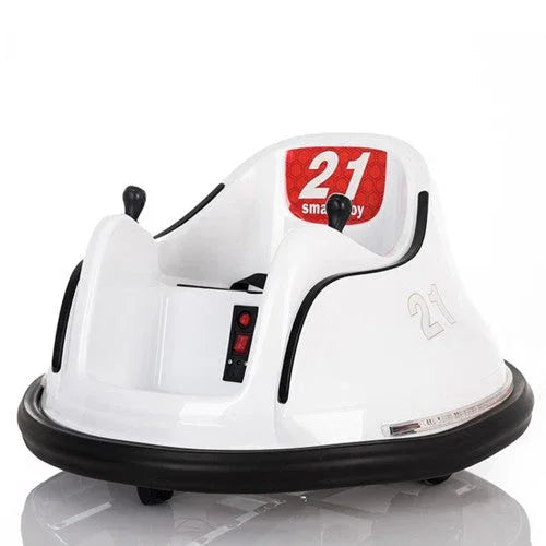 White kids' bumper car with black trim, number 21, red seat, and dual joysticks