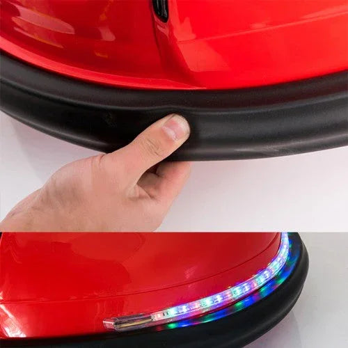 Close-up of red bumper car body with black rubber trim and colorful LED lights