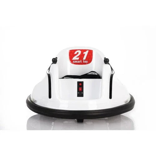 White bumper car toy with black trim and red '21 smart toy' label on front, studio setting