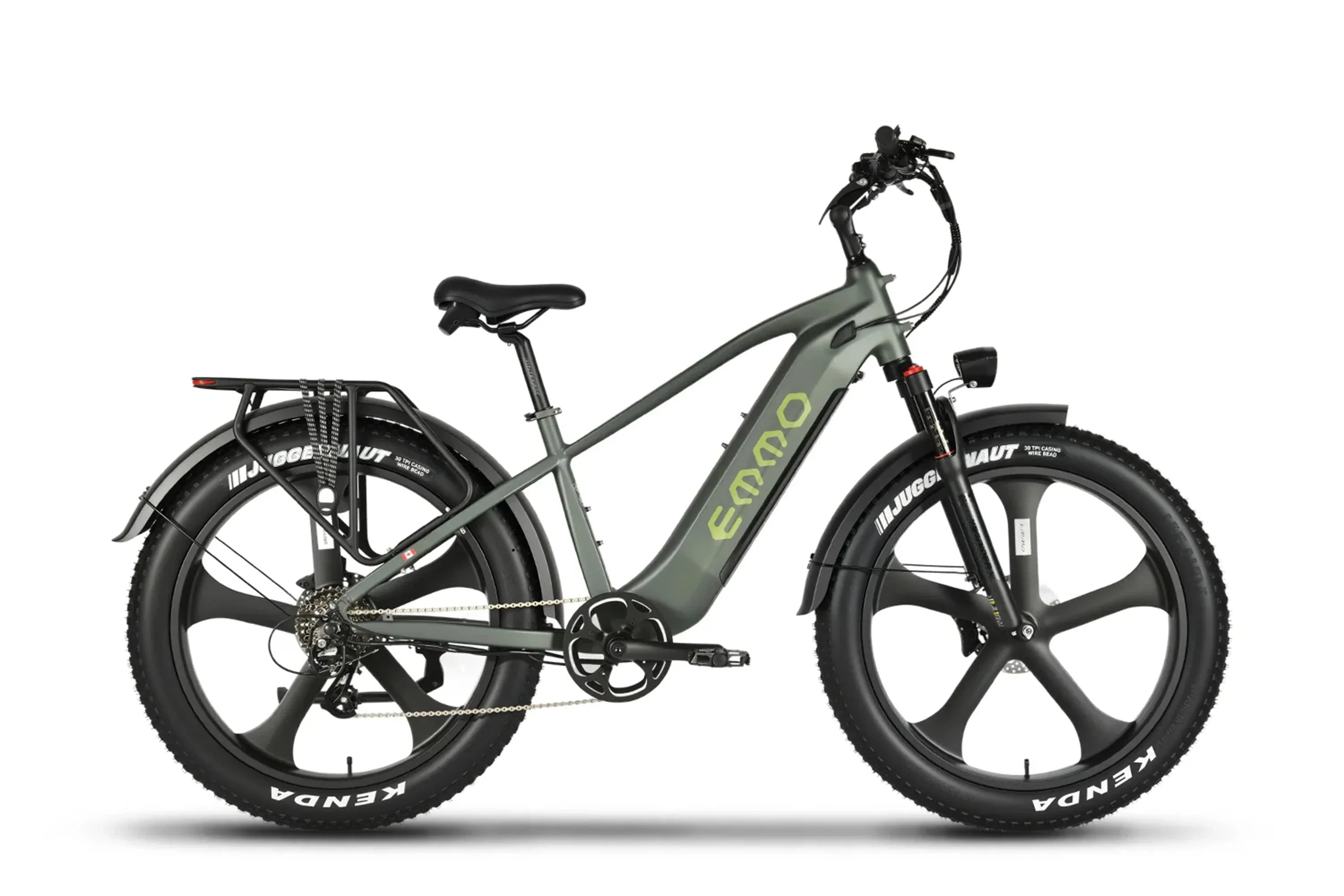 Army green Emmo Ikon Pro fat tire electric bike with step-thru frame on white background