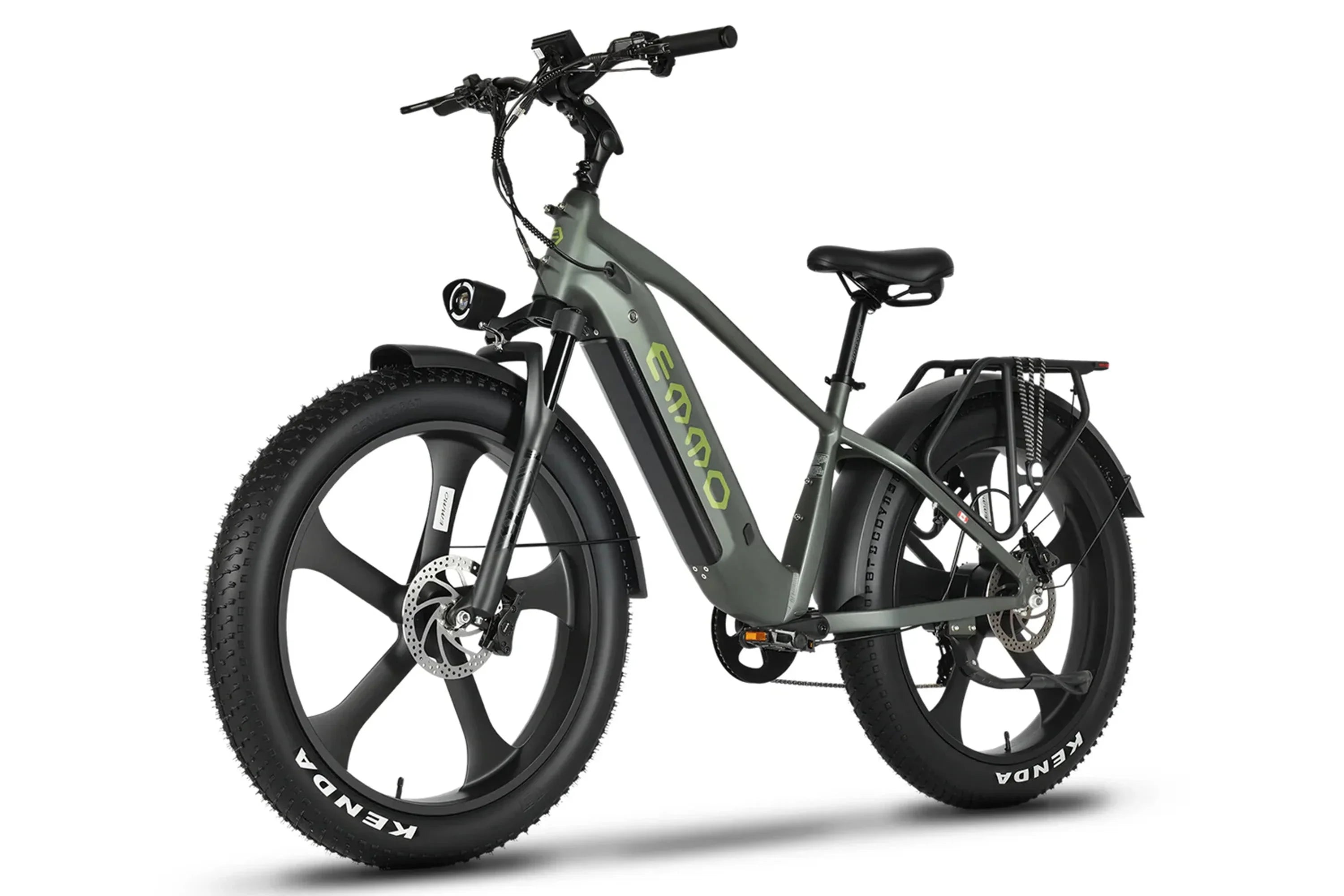 Army green EMMO iKONG Pro step-thru fat tire long-range e-bike on white background