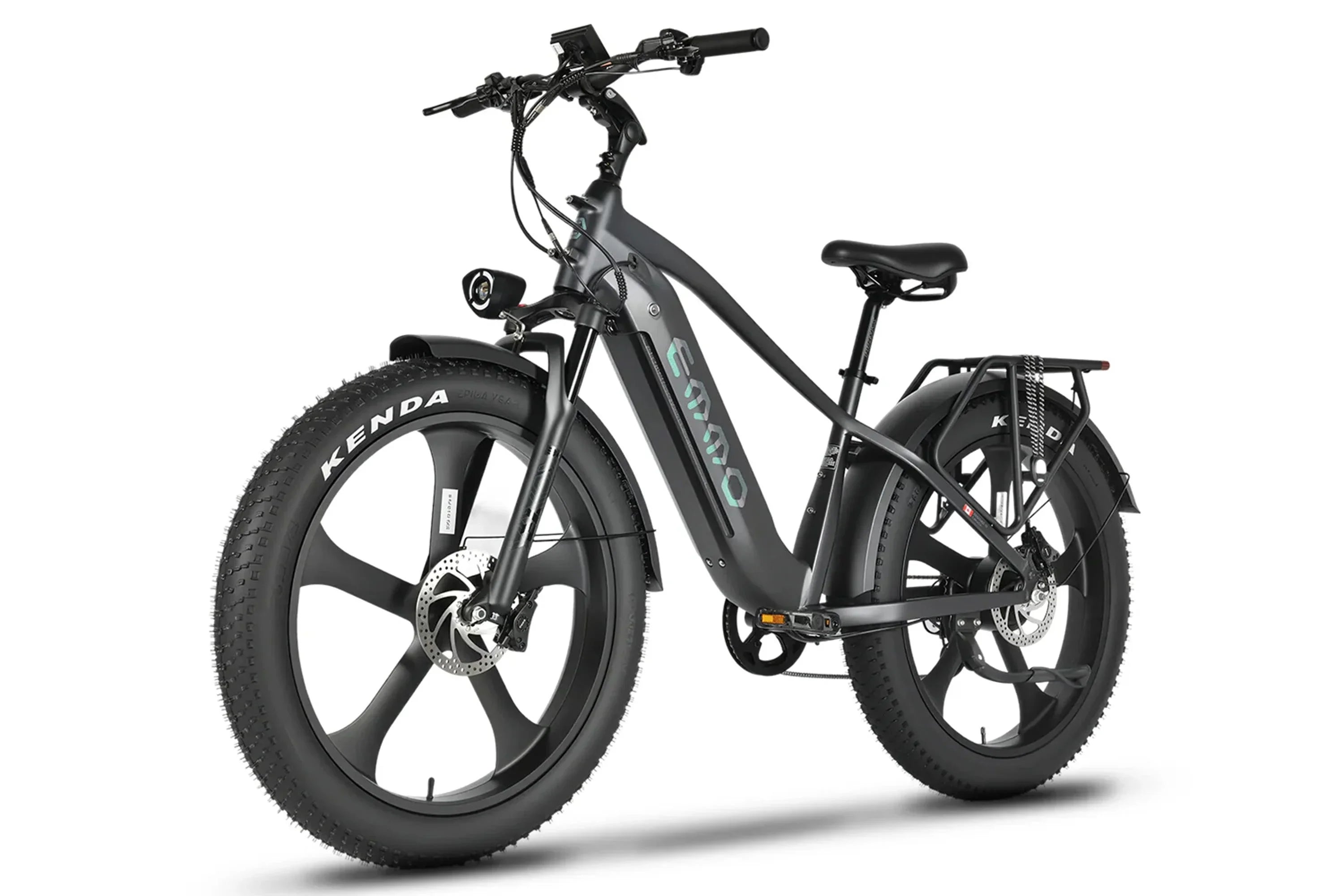 Midnight black Emmo Ikon Pro step-thru fat tire ebike with Kenda tires on white background