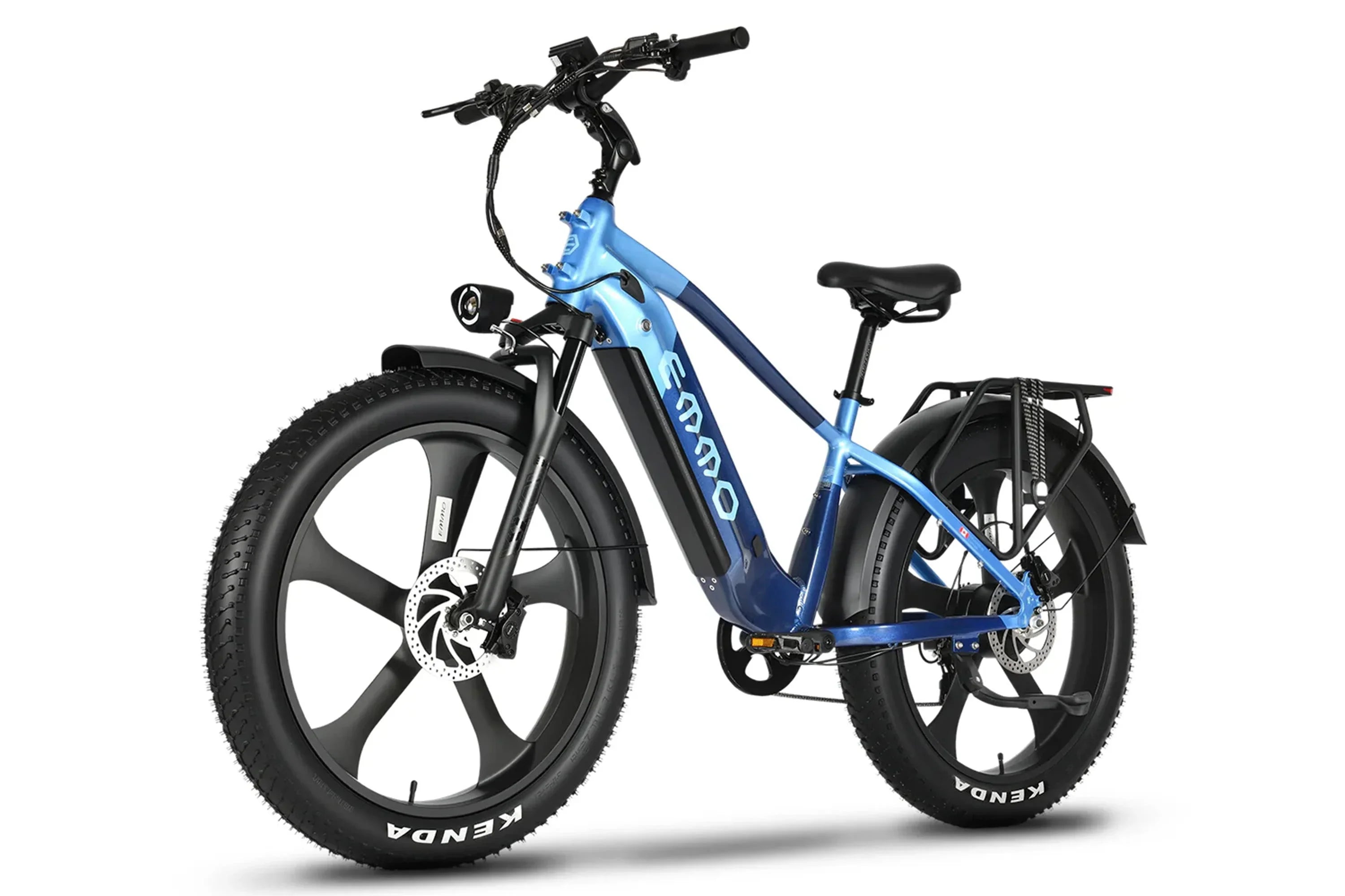 Twilight blue Emmo Ikong Pro step-thru fat tire e-bike with black Kenda tires on white background