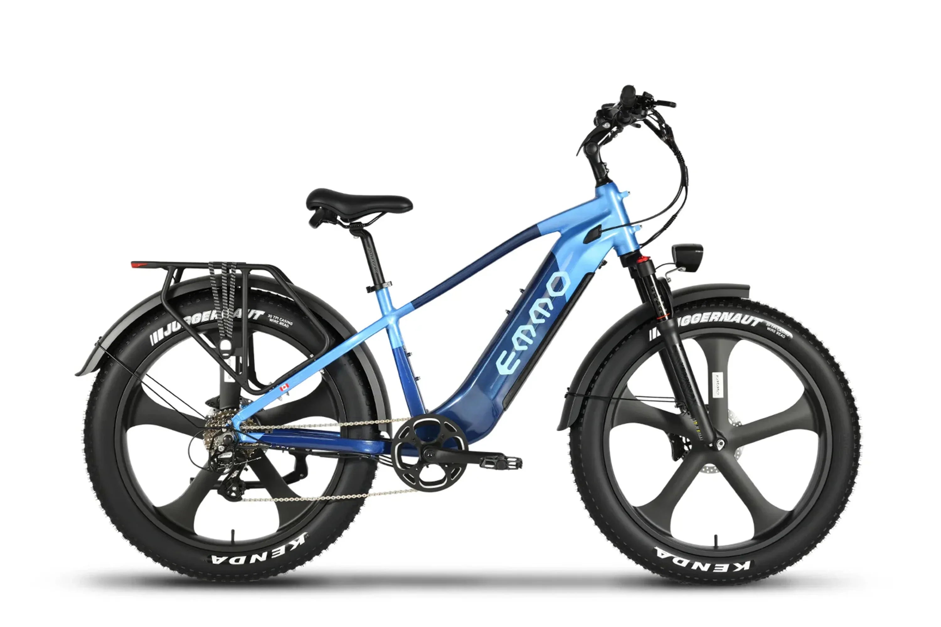 Twilight blue Emmo Ikon Pro step-thru fat tire electric bike with rear rack