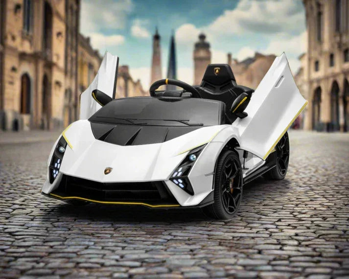 White Lamborghini toy car with open scissor doors on cobblestone city street