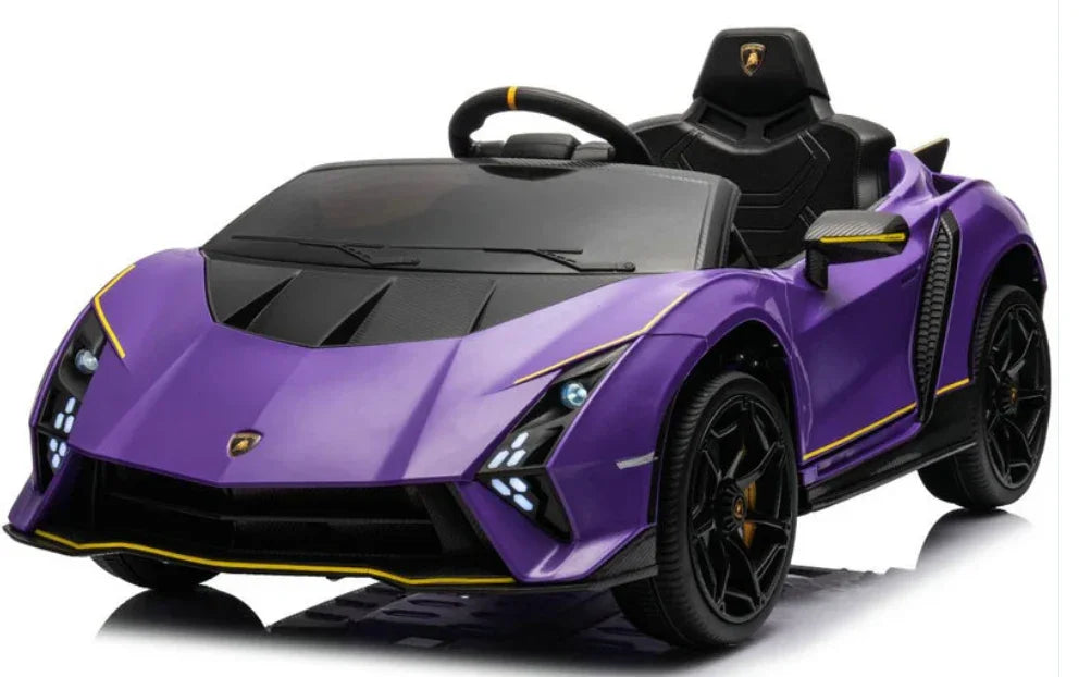 Purple Lamborghini kids ride on car with black wheels and sporty design, front view