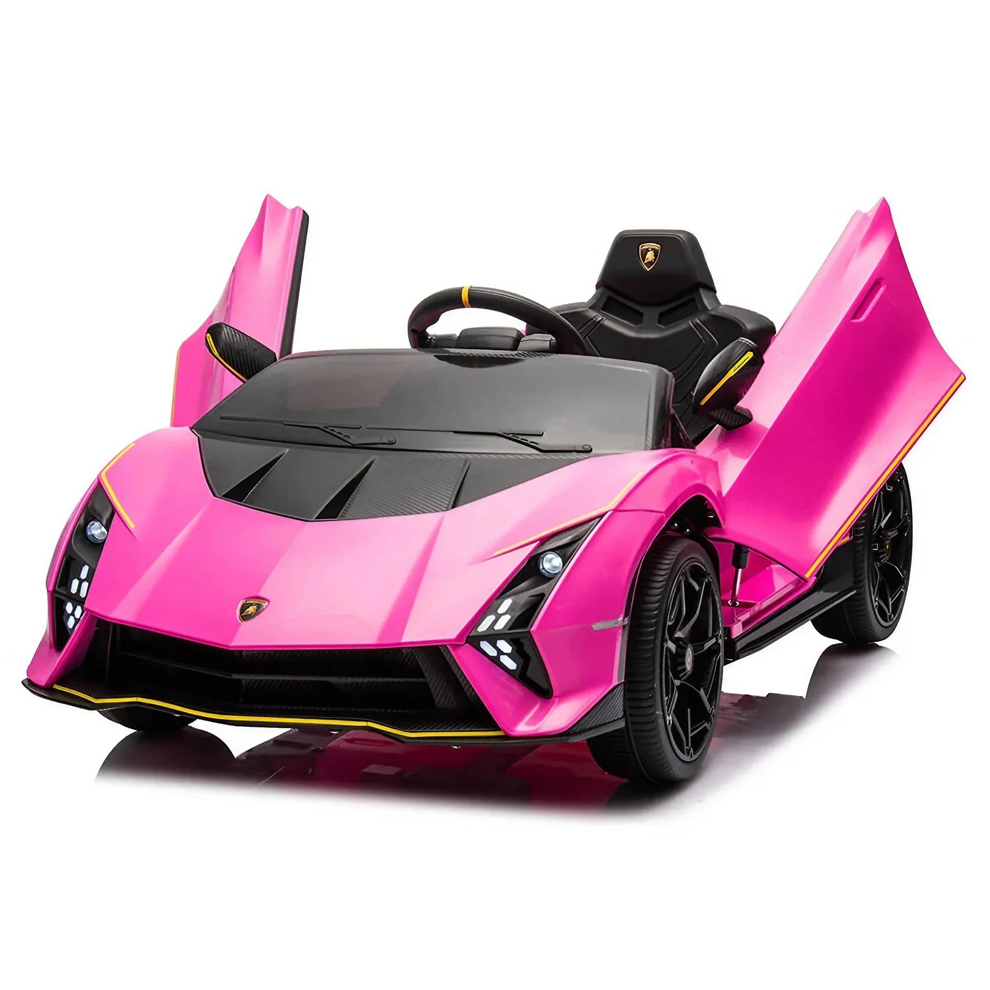 Pink kids electric ride-on Lamborghini toy car with open scissor doors on white background