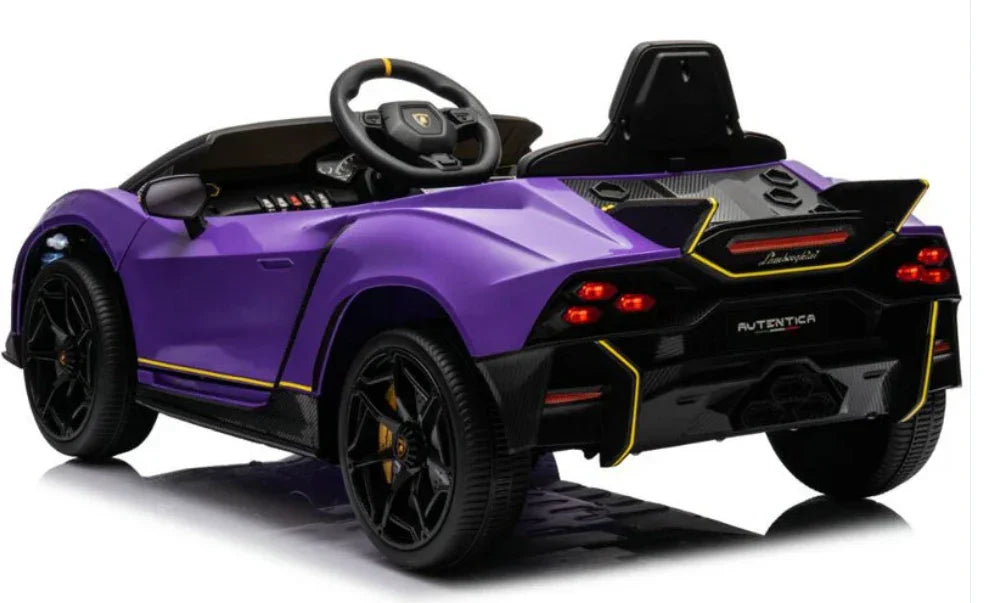 Purple Lamborghini Autentica kids ride-on car with black wheels and yellow accents