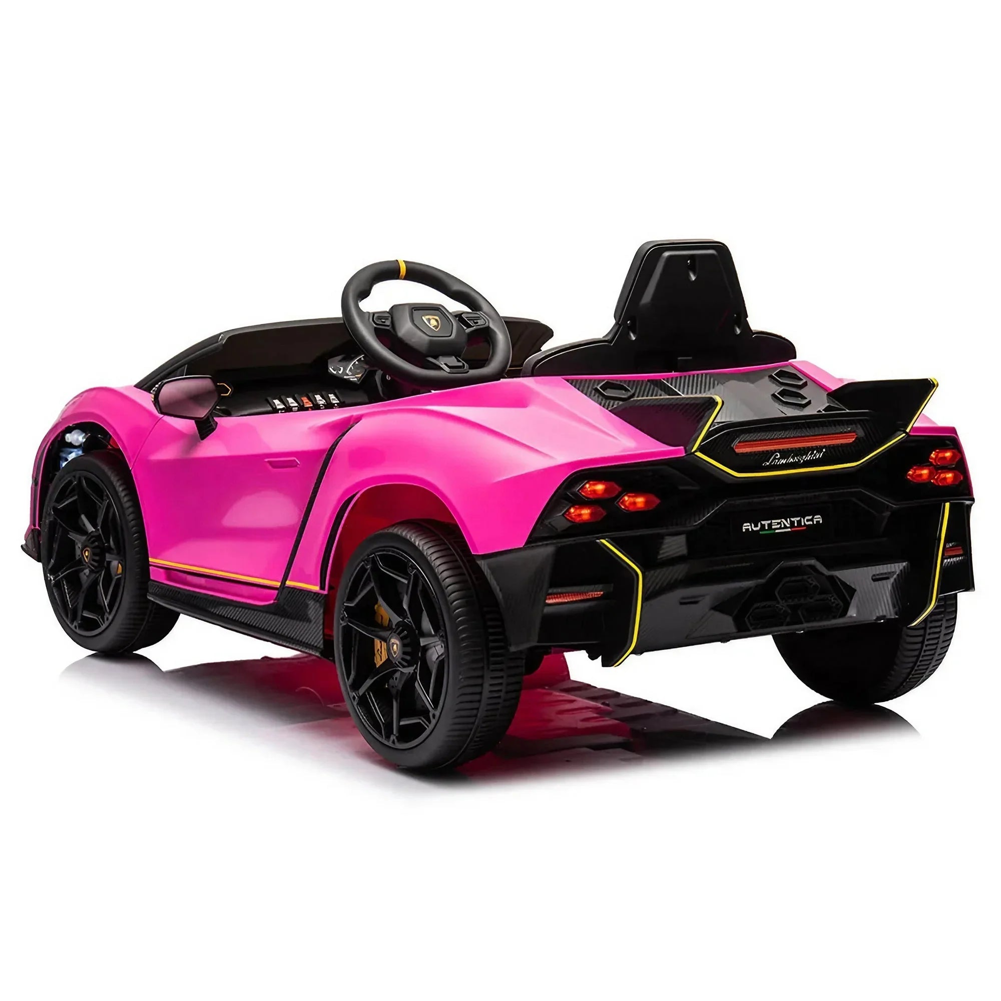 Pink Lamborghini ride-on toy car for kids with black wheels and yellow accents