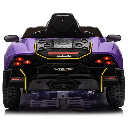 Purple Lamborghini Autentica electric toy car rear view with LED lights and black accents