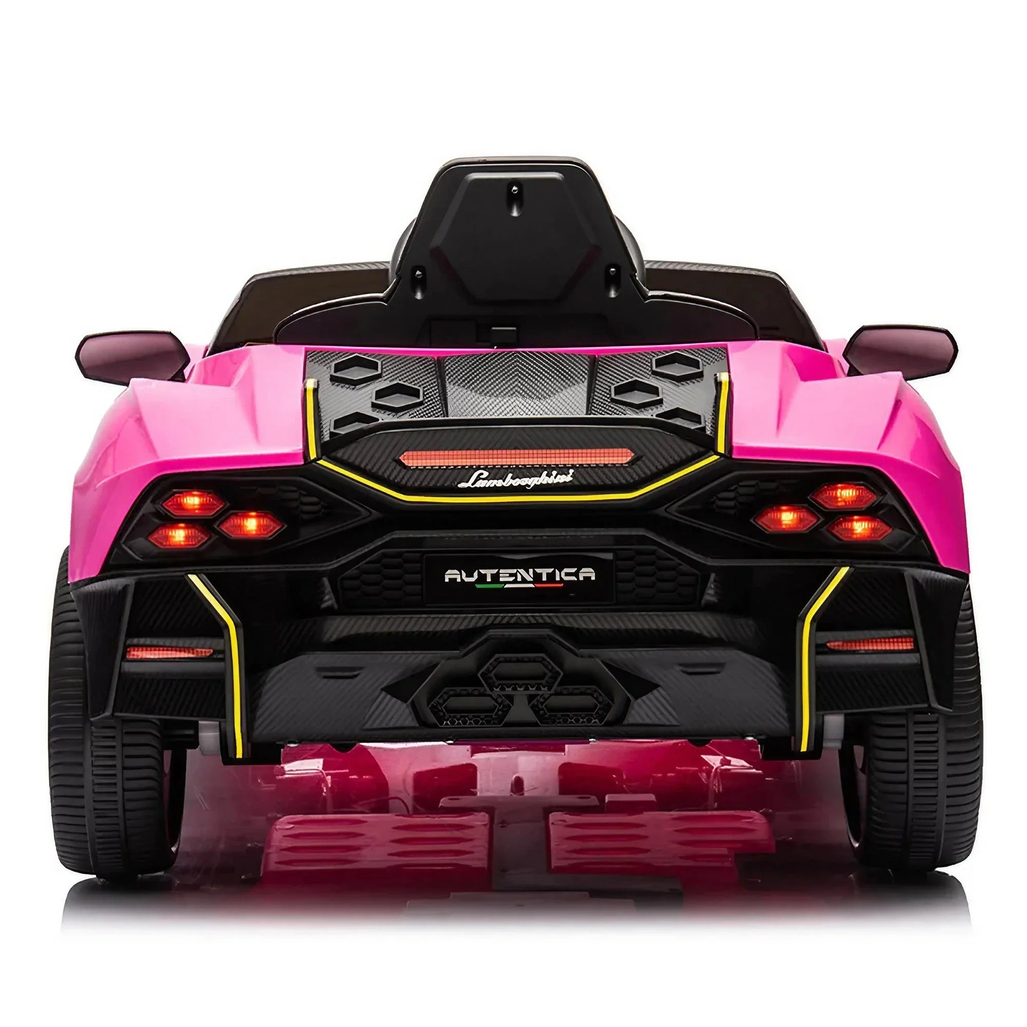 Rear view of pink Lamborghini Autentica toy car with LED lights on white background