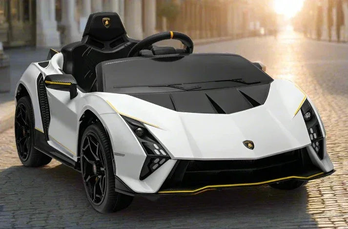 White kids electric ride-on sports car with black and yellow accents on a city street