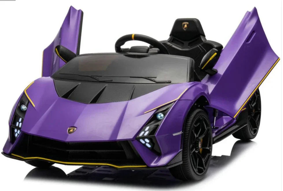 Purple kids ride-on Lamborghini car with open scissor doors and black accents