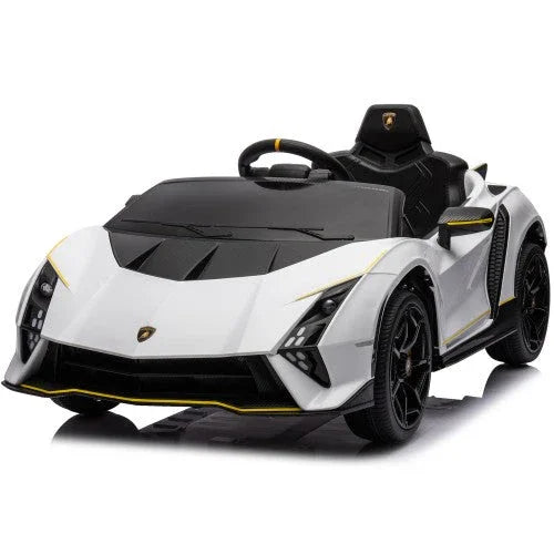 White Lamborghini electric kids ride on car with black accents and sporty design