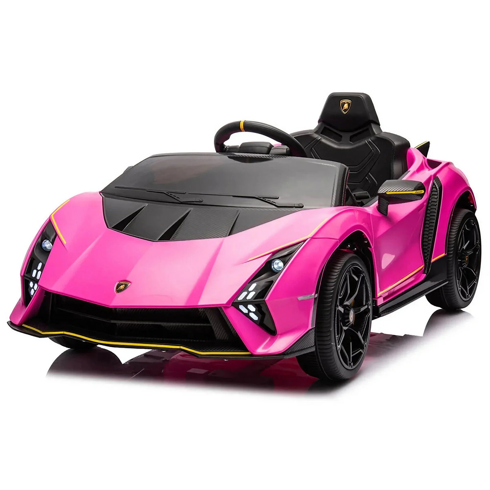 Pink Lamborghini kids ride on car with black wheels and realistic detailing on white background
