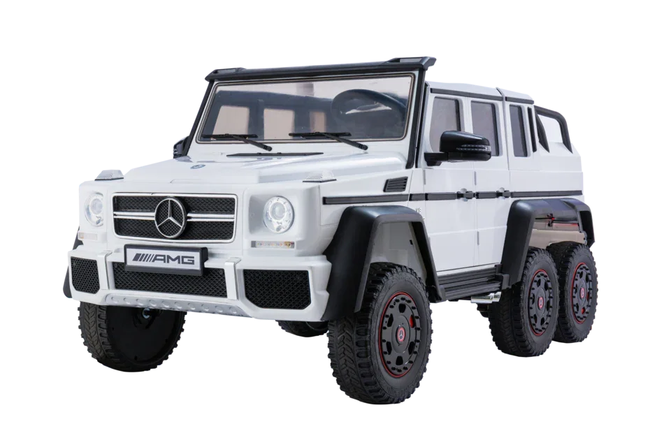 White Mercedes-Benz AMG 6x6 toy car with six wheels and black accents, front angle view
