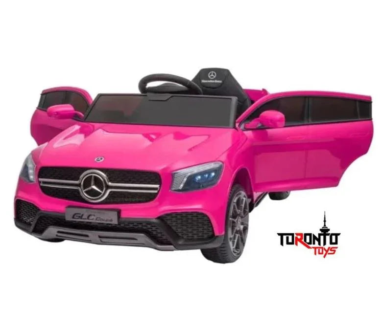 Pink Mercedes-Benz GLC Coupe ride-on toy car with open doors, Toronto Toys logo