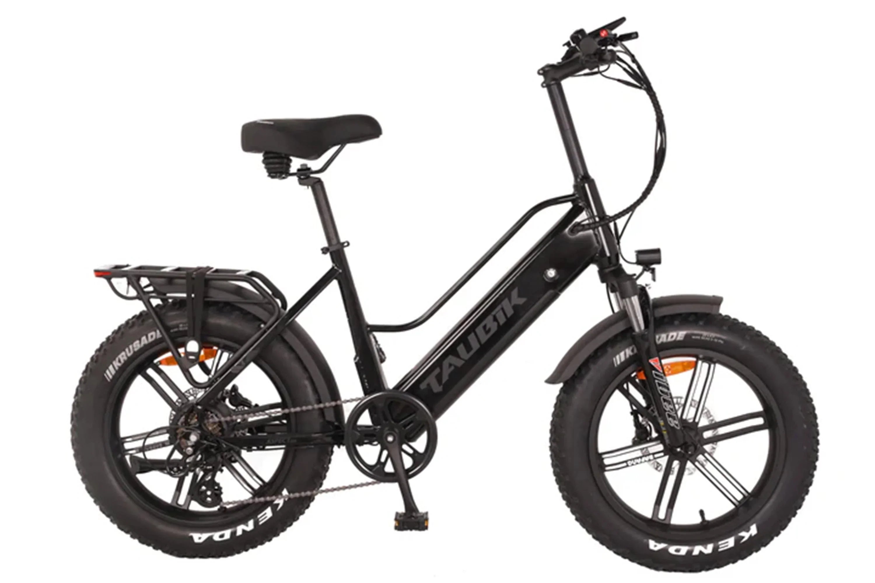 Taubik black UL2849 certified e-bike with fat tires and rear rack on white background