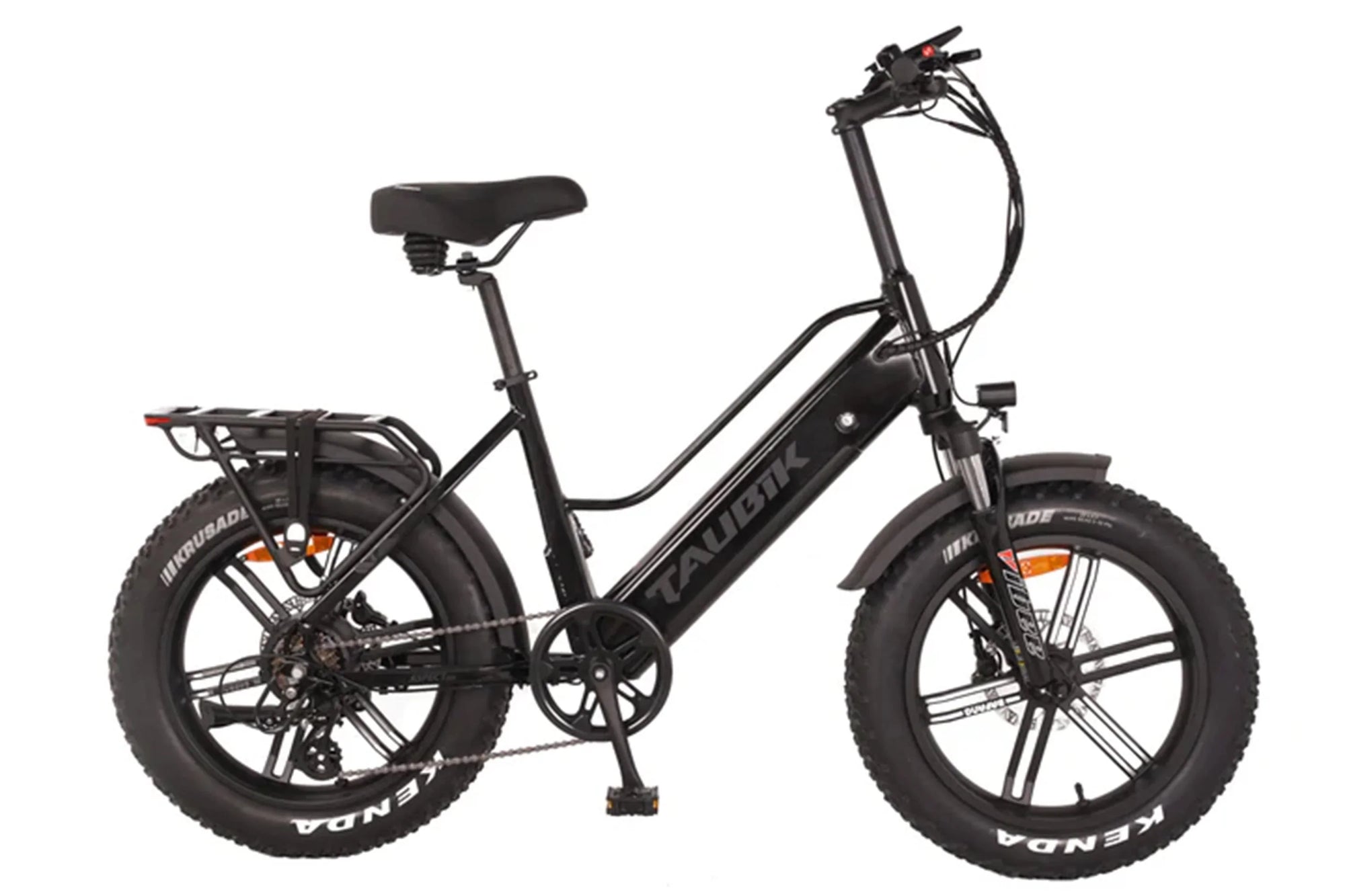 Taubik black UL2849 certified e-bike with fat tires and rear rack on white background