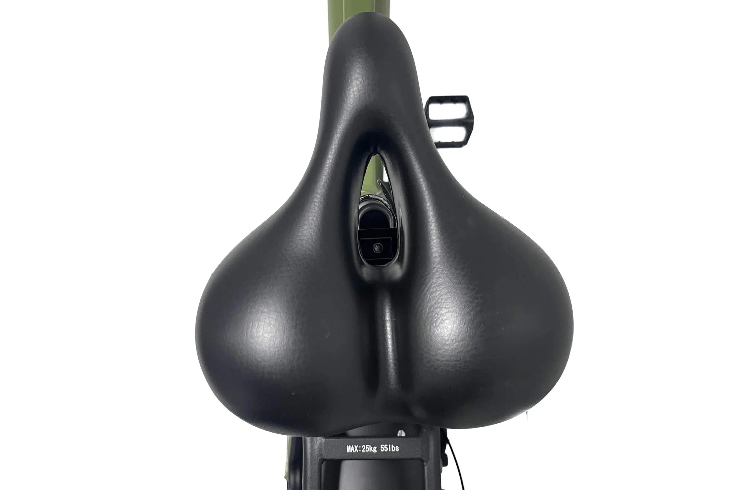 Wide black comfort bike saddle with center cutout on army green ebike, close-up view