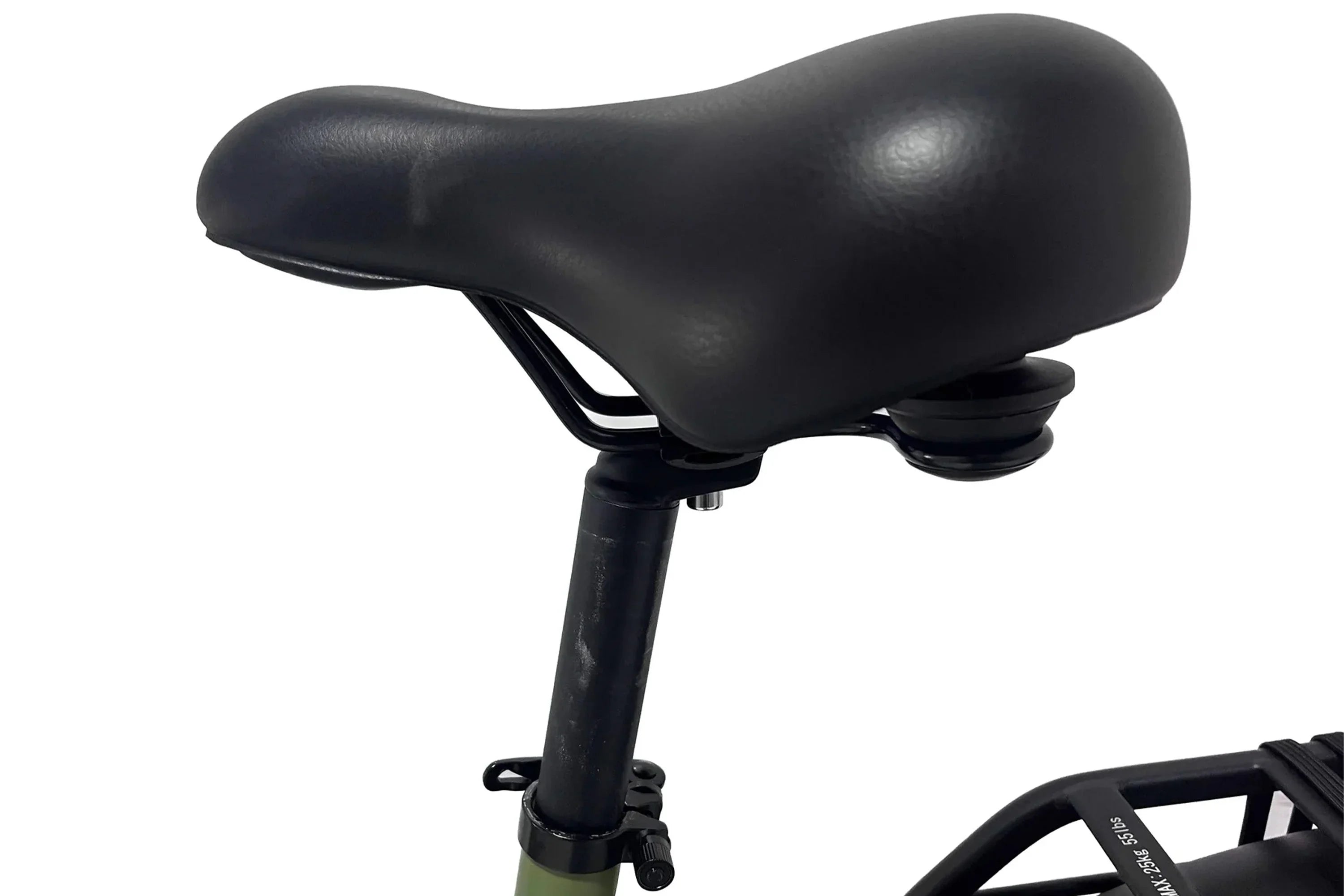 Close-up of black bicycle seat on army green ebike, Taubik Aspect UL2849 electric bike