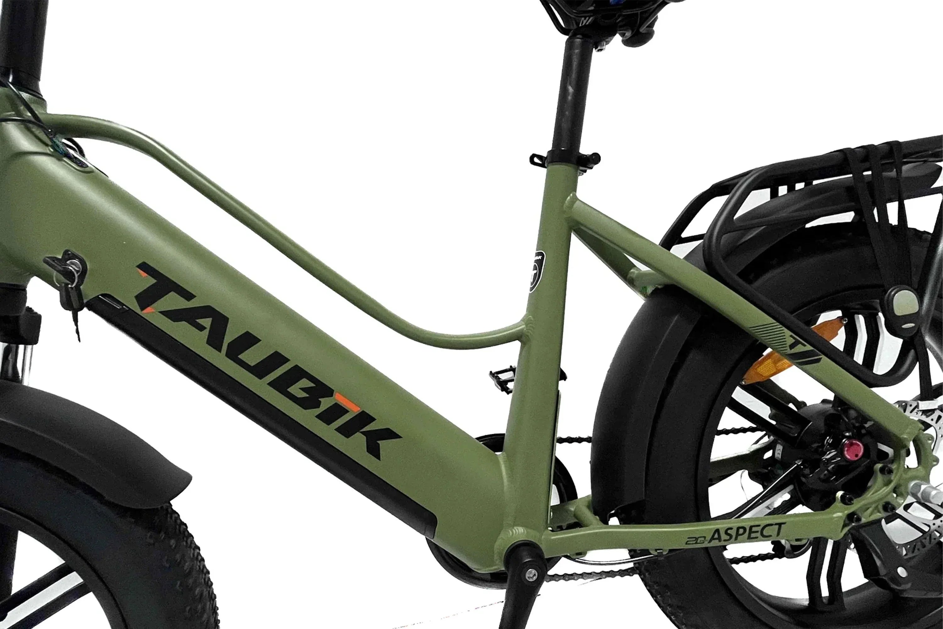 Army green Taubik Aspect UL2849 certified e-bike close-up with rear rack