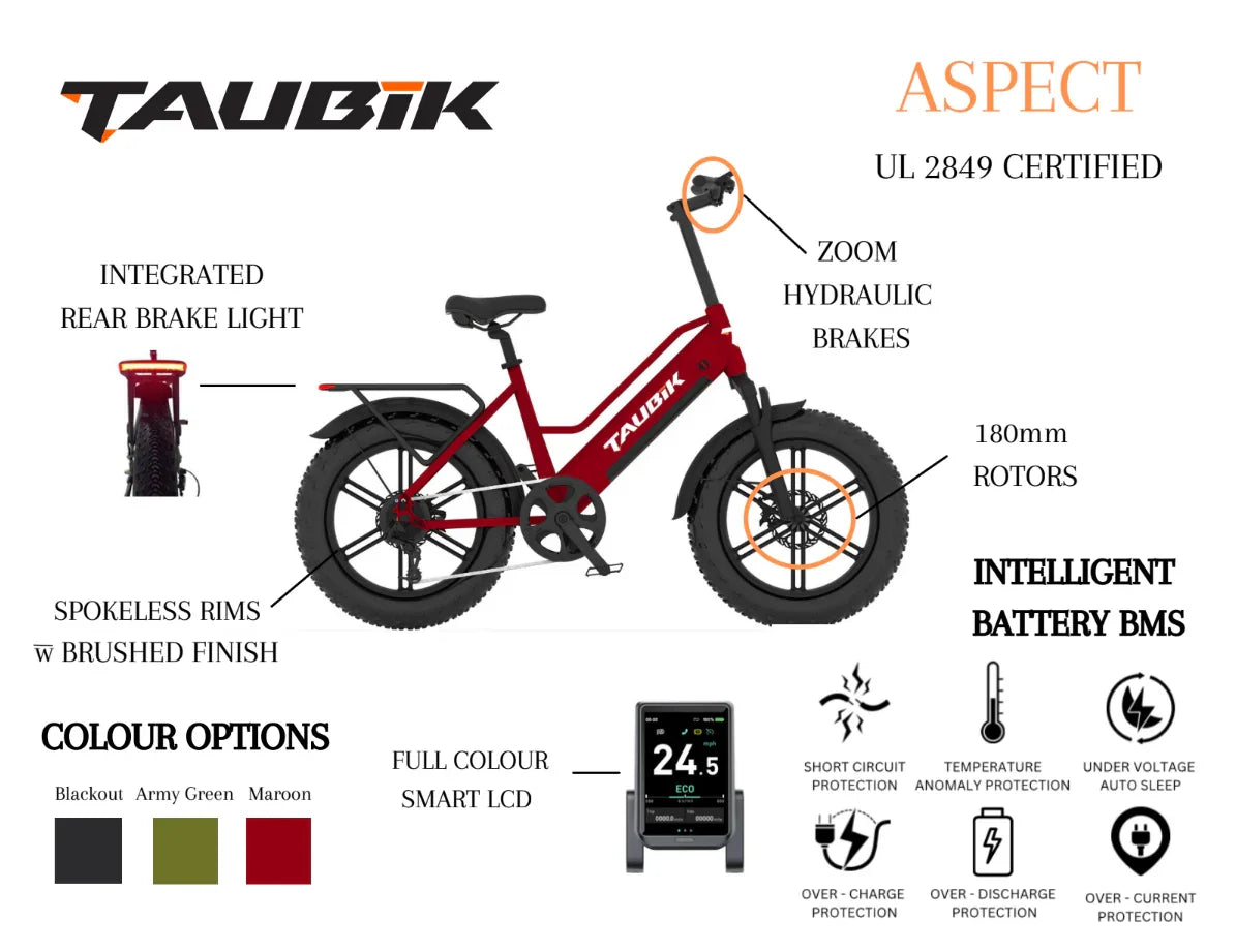 TAUBIK ASPECT electric bike with spokeless rims, hydraulic brakes, LCD display, and battery BMS features.