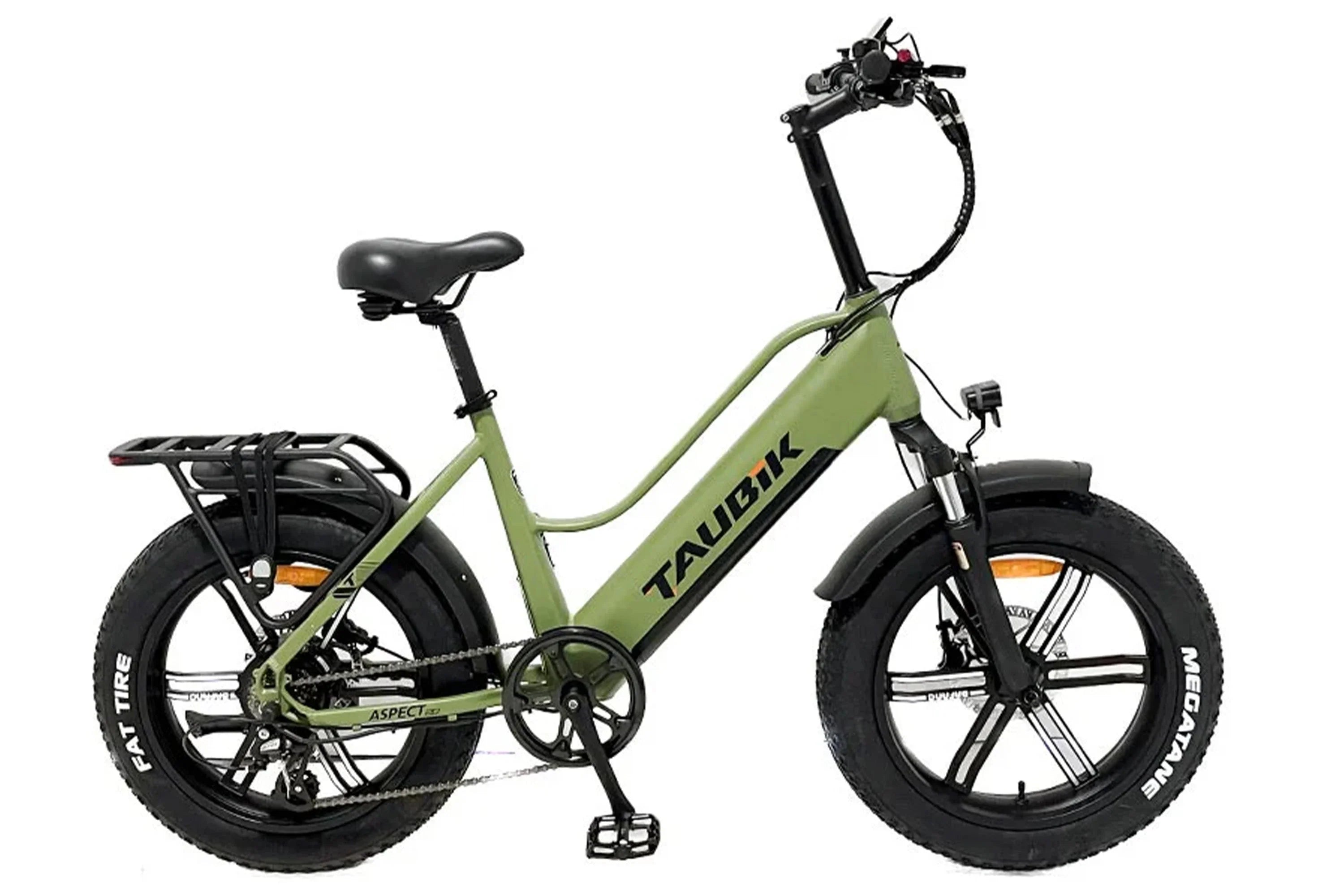 Taubik Aspect UL2849 army green fat tire ebike with rear rack and front suspension
