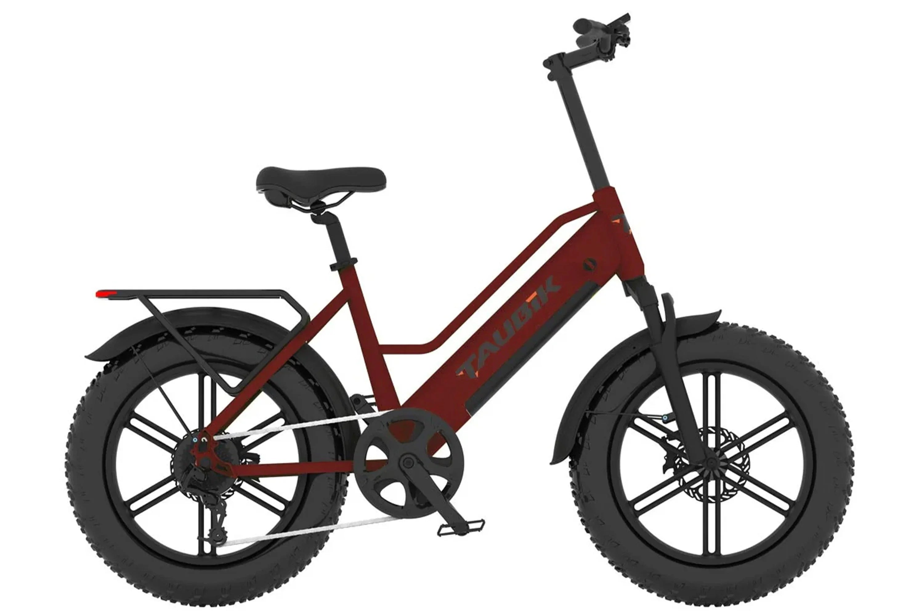 Maroon Taubik electric chopper bike with fat tires and rear rack, side profile view