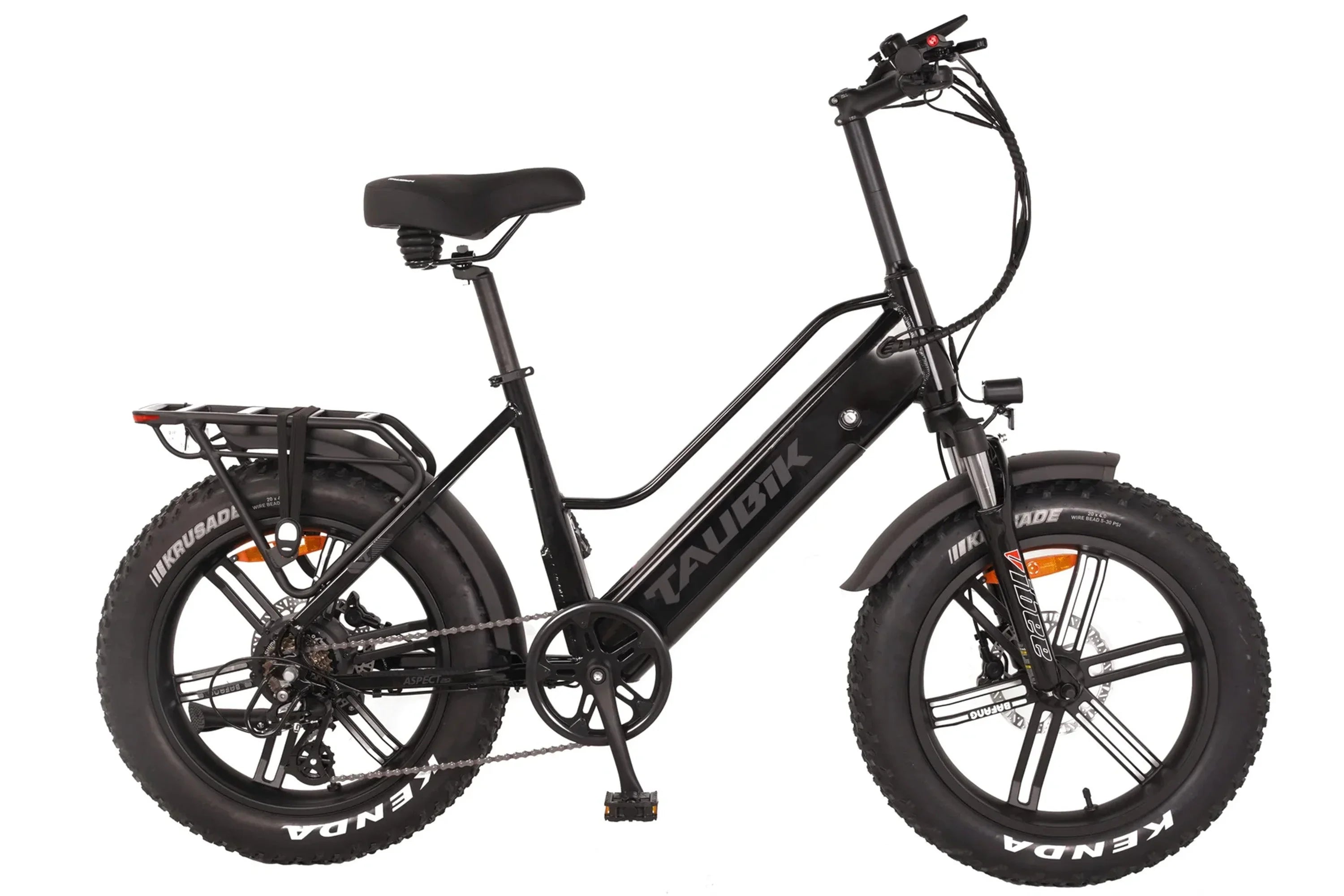 Black TAUBIK Aspect UL2849 certified e-bike with fat tires and rear cargo rack