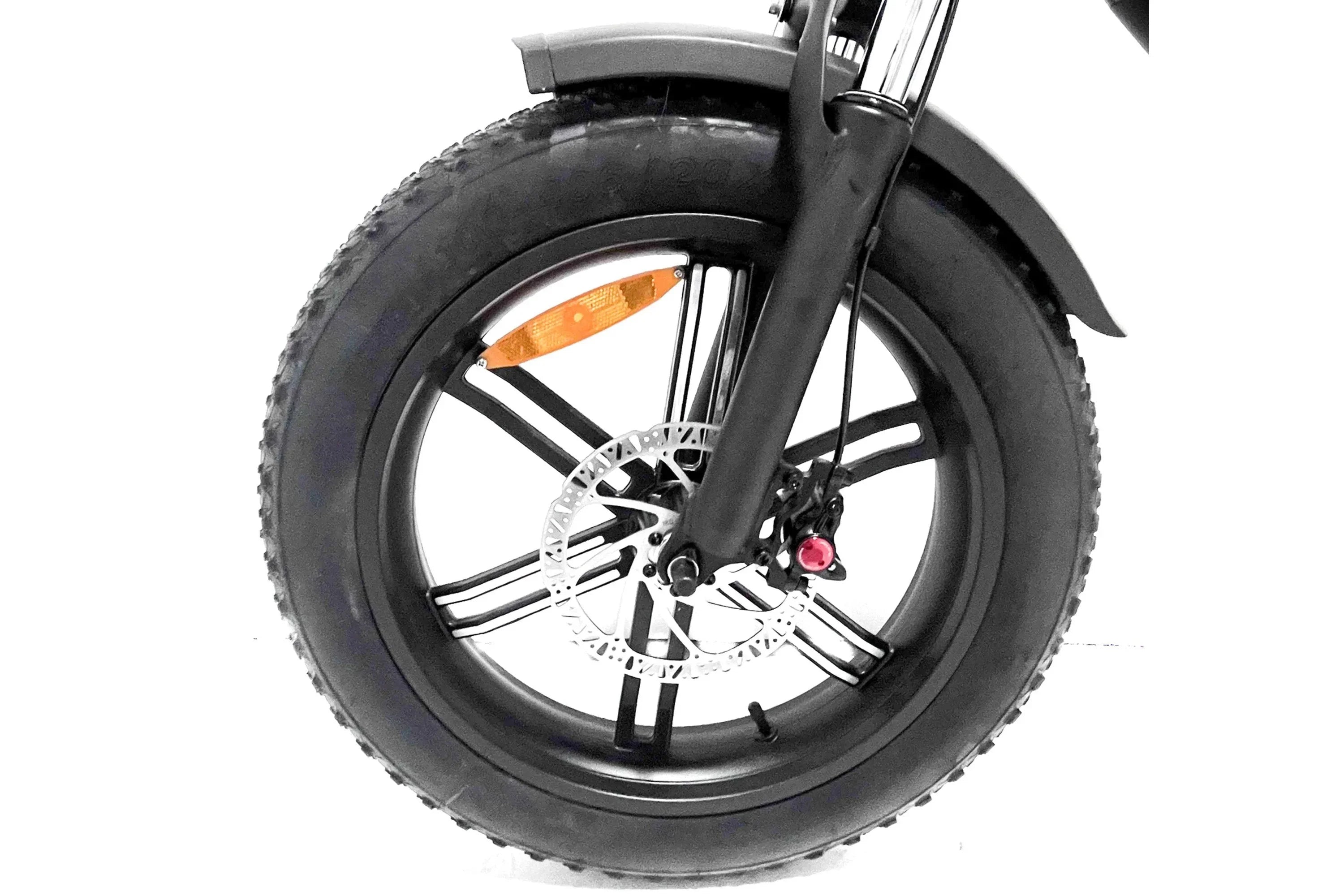 Close-up of Taubik Aspect UL2849 certified e-bike front wheel with disc brake