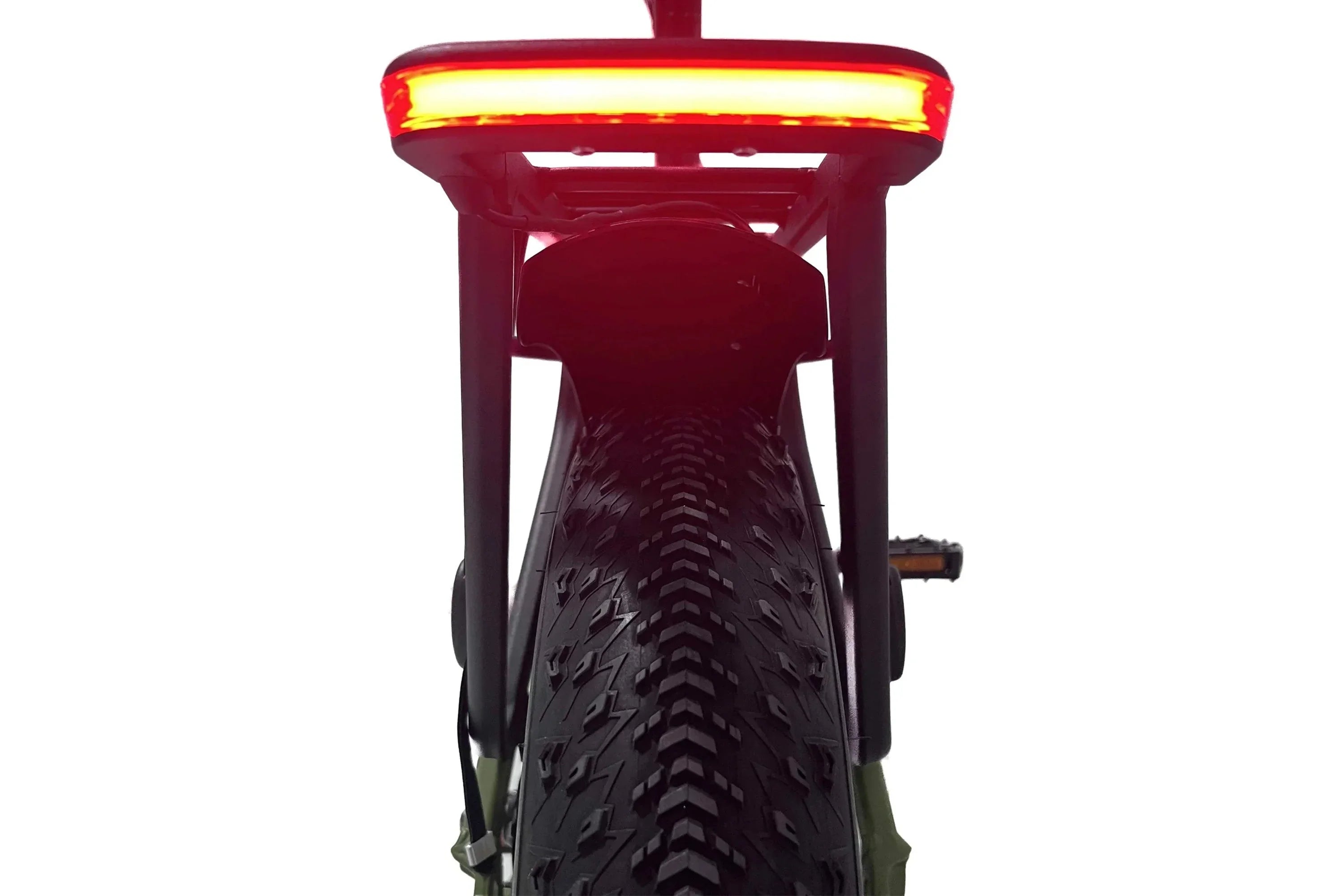 Rear view of Taubik Aspect UL2849 certified e-bike with illuminated red tail light