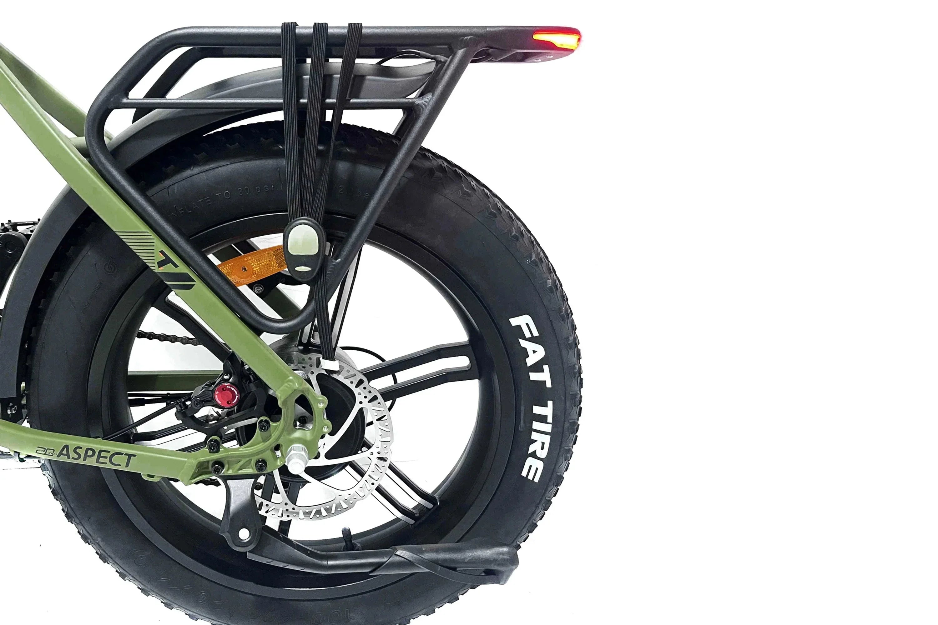 Army green fat tire e-bike rear wheel with rack and disc brake on white background