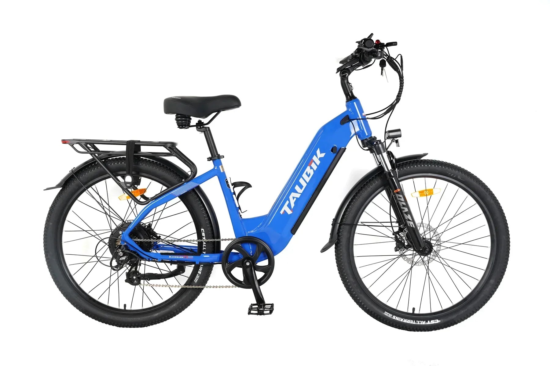 Blue Taubik Blackburn electric bike with rear rack and fat tires on white background