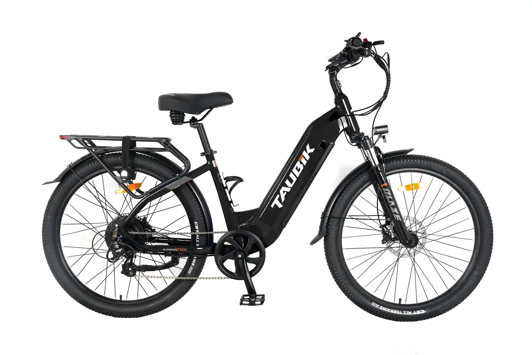 Black electric commuter bike with rear rack, step-through frame, and TAUBIK branding on white background